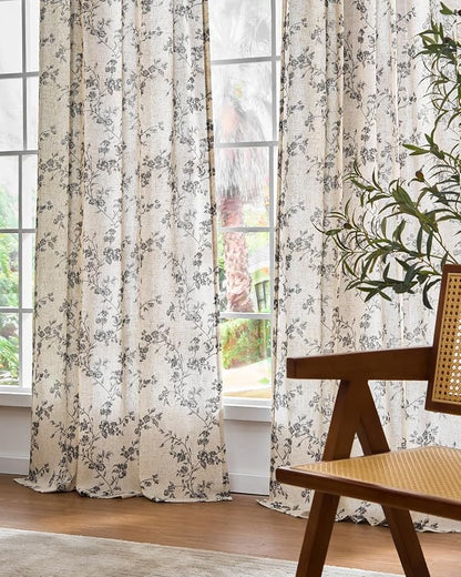 Black Vintage Floral Linen Curtains Farmhouse 38W X 63L 2 Panels | Elisa Series - Image 7