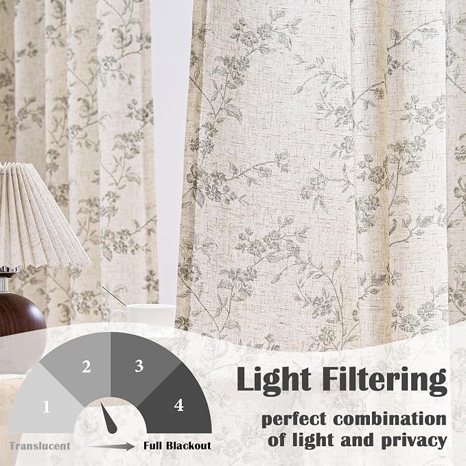 Grey Vintage Floral Linen Curtains Farmhouse 38W X 63L 2 Panels | Elisa Series - Image 2