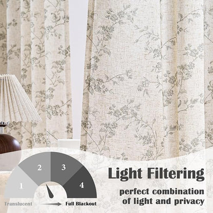 Grey Vintage Floral Linen Curtains Farmhouse 50W X 63L 2 Panels | Elisa Series - Image 3