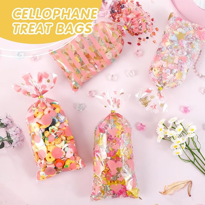 COQOFA 100 Pcs 5"X11" Cello Cellophane Treat Bags Party Favor bags Pink Candy - Image 5