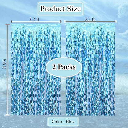 2 pcs Blue Wavy Tinsel Curtains, Under The Sea Party Decorations | Unique Shiny - Image 2