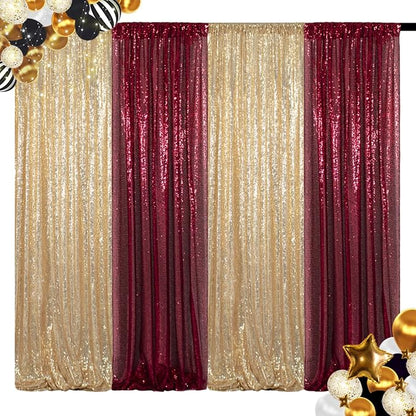 ShinyBeauty Gold Sequin Backdrop 4 Panels 2x8ft Light Gold | Shimmer Curtains - Image 2