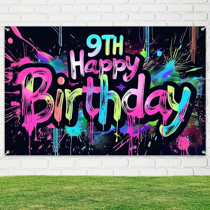 HOMETITUTE Neon 9th Birthday Banner Backdrop Decorations 71x43 Inch | Graffiti - Image 4