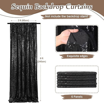 Black Sequin Backdrop Curtains 6 Pieces 2FTx8FT Shimmer Birthday Wedding - Image 2