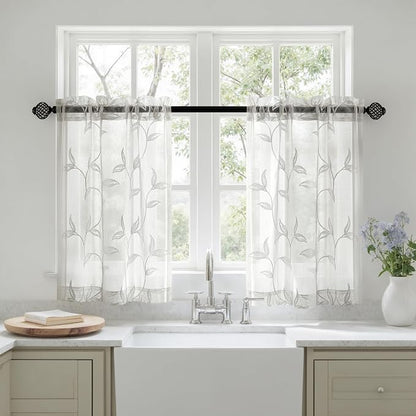 Sheer Kitchen Cafe Curtains Embroidered Leaf Pattern White 26x36 | Light by VISIONTEX
