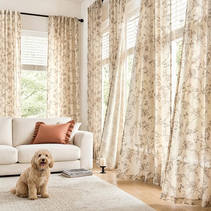Taupe Floral Linen Curtains Farmhouse Rod Pocket 50W X 63L 2 Panels | Charlotte - Image 3