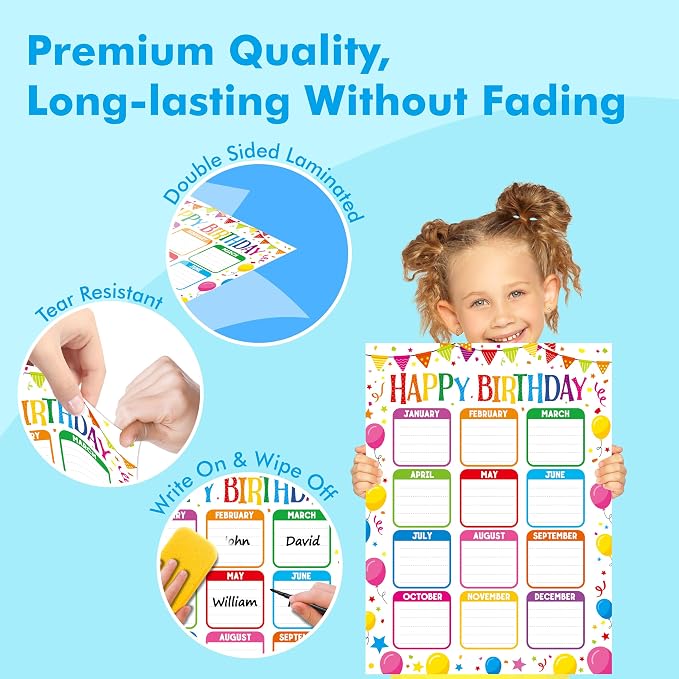 Classroom Birthday Chart With 20 Glue Dots, Colorful Balloon Birthday Poster - Image 3