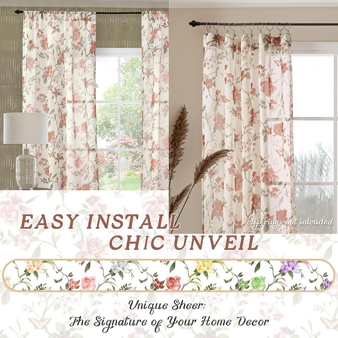 Floral Sheer Curtains for Bedroom Window 63 Inch Length 2 Panels, Farmhouse - Image 7