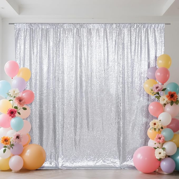 SquarePie 20x10ft Silver Sequin Backdrop, High Density Non-Transparent Glitter by SquarePie