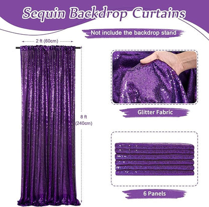 Purple Sequin Backdrop Curtain 6 Pcs 2ftx8ft Sparkly Glitter Wedding Party - Image 2