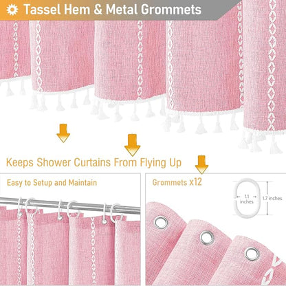 72x96 Extra Long Boho Linen Heavy Duty Shower Curtain Set, Blush Pink | Extra - Image 5