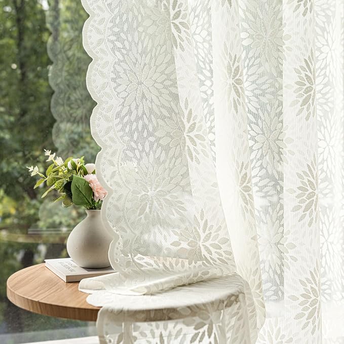 MIULEE Vintage Floral Scalloped Lace Curtains 2 Panels, Ivory 52" W x 54" L | by MIULEE