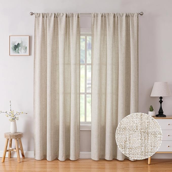 Tollpiz Linen Curtains Bedroom Rod Pocket Semi Sheer Curtain Burlap Light by Tollpiz