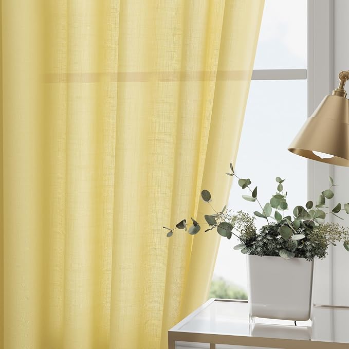 Yellow Linen Blend Drapes 84 Inch Length 2 Panels Set Back Tab Rod Pocket Light - Image 2