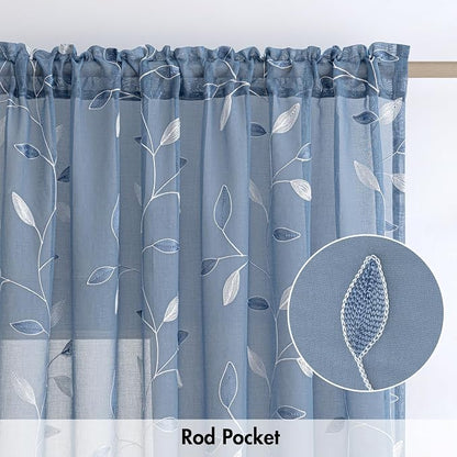 MIULEE Dusty Blue Sheer Curtains 2 Panels Leaf Patterned, W52 x L96 | - Image 6