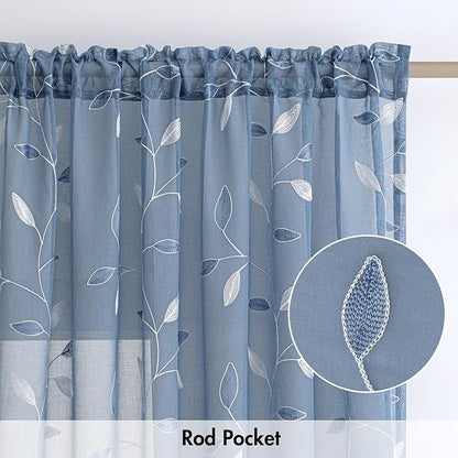 MIULEE Dusty Blue Sheer Curtains 2 Panels Leaf Patterned, W52 x L63 | - Image 6