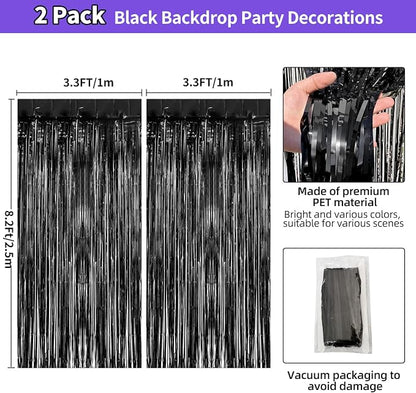 JINSUI Black Tinsel Backdrop 3.3x8.2ft, 2 Pack Foil Fringe Curtains Decor - Image 3