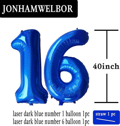 Jonhamwelbor 40 Inch Laser Blue 16 Balloon Numbers Foil Mylar Giant Balloon - Image 2