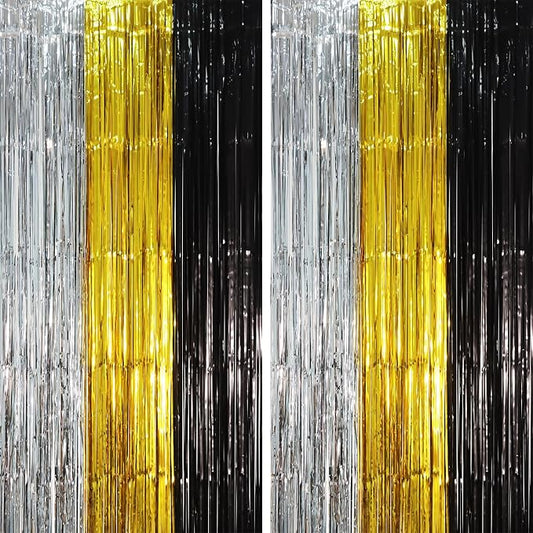 Voircoloria Black Gold Silver Fringe Backdrop Curtains, 2 Pack | Tinsel by Voircoloria