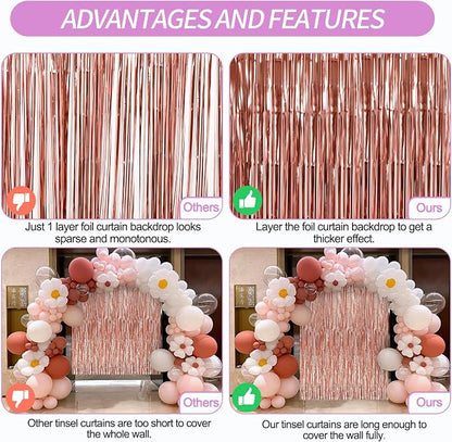Crosize 2 Pack 3.3 x 9.9 ft Rose Gold Foil Fringe Backdrop Curtain, Streamer - Image 3