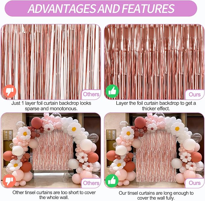 7 Pack 3.3 x 9.9 ft Rose Gold Fringe Backdrop Streamers Party Decorations | - Image 3