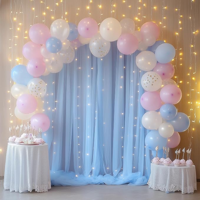 Tulle Backdrop Curtain with Lights Baby Blue 10x8ft Sheer Curtain Backdrop | - Image 7