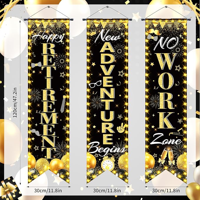 3Pcs Retirement Porch Sign Door Hanging Banner Black Gold Happy Retirement - Image 2
