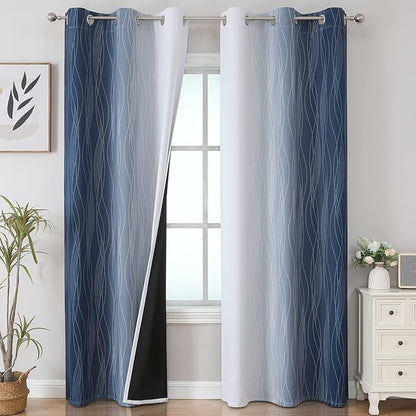 Navy Blue and Greyish White Blackout Curtains 84 Inches Long, Full Room by ESTELARTEXTILER