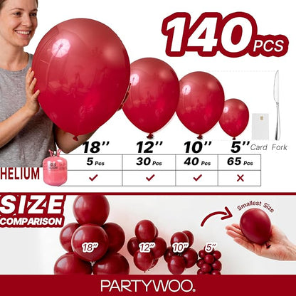 PartyWoo Burgundy Balloons 140pcs Dark Red Maroon Ruby Red Different Sizes | 18 - Image 6