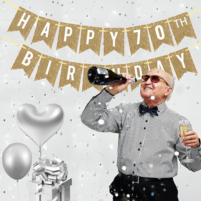 Netnology Pre-Strung Gold Glitter 70th Happy Birthday Banner Decorations | 12 - Image 6
