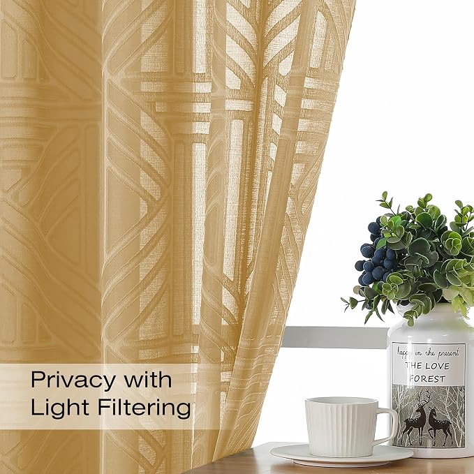 Simplebrand Gold Semi Sheer Curtains 45 Inch Length 2 Panels, Geometric - Image 2