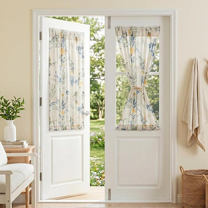 MYSKY HOME Floral Linen Door Curtains Blue Farmhouse Privacy Door Window by MYSKYHOME