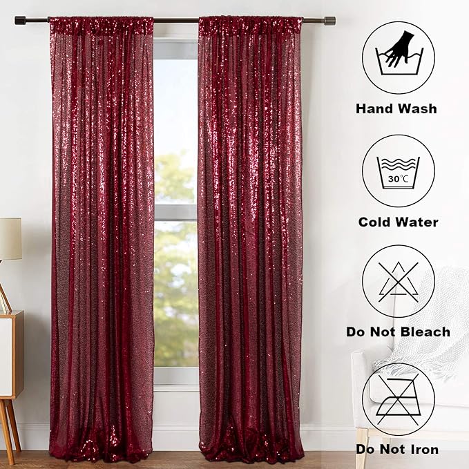 ShinyBeauty Burgundy Sequin Curtain Backdrop 2 Panels 4FTx8FT Wedding Decor - Image 7