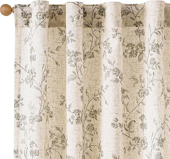 Grey Vintage Floral Linen Curtains Farmhouse 38W X 84L 2 Panels | Elisa Series by Lazzzy