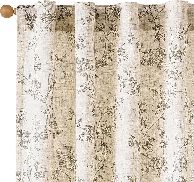 Grey Vintage Floral Linen Curtains Farmhouse 38W X 90L 2 Panels | Elisa Series by Lazzzy