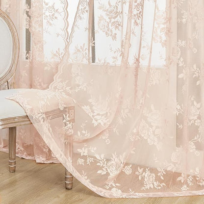 Blush Pink Lace Curtains 108 Inches Long 2 Panels Romantic Floral Sheer Curtains - Image 2