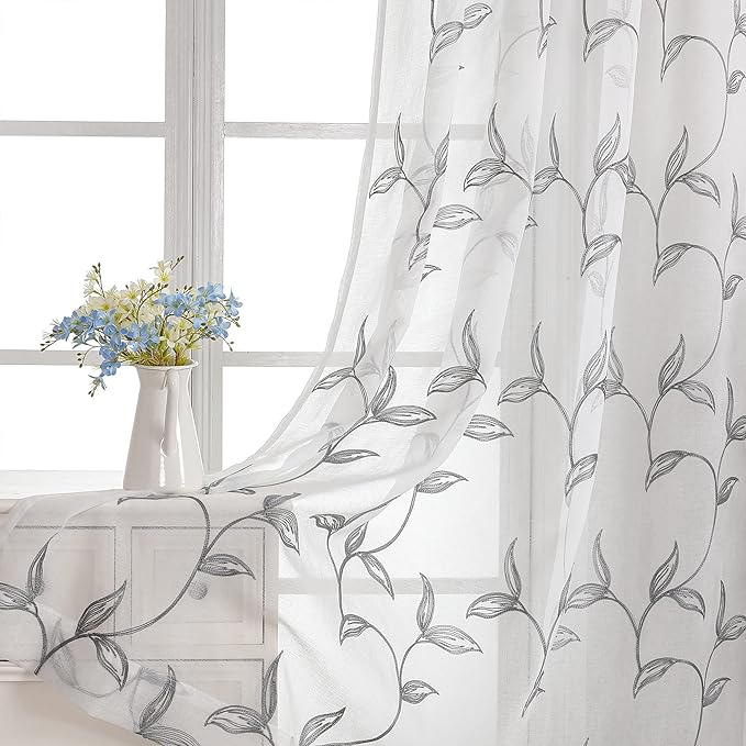 Sheer Curtains Boho Leaf Floral Embroidered Grey 54Wx63L | Light Filtering Semi by VISIONTEX