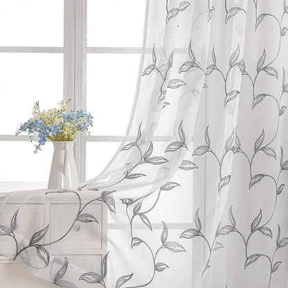 Sheer Curtains Boho Leaf Floral Embroidered Grey 54Wx96L | Light Filtering Semi by VISIONTEX