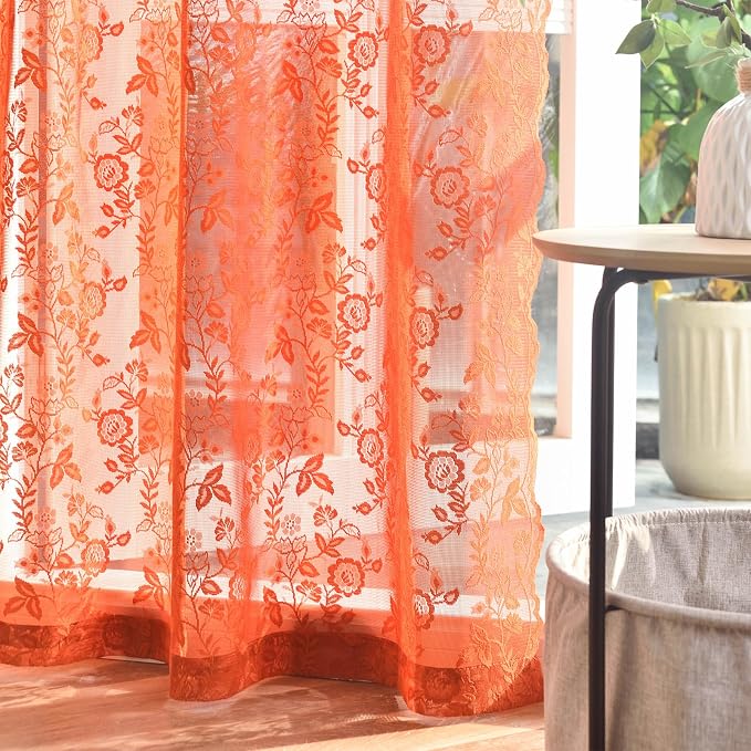 Burnt Orange Sheer Lace Curtains Rustic Leaf Floral 52 x 80 Inch 2 Panels | Rod - Image 7