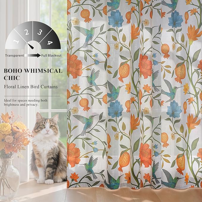 72 Inch Boho Floral Curtains Tropical Bird Print Linen Semi Sheer Window Drapes - Image 2