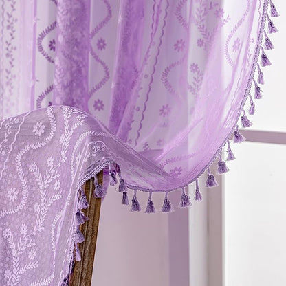 WAZZIO Boho Lace Curtains 84 Inch 2 Panels -Sheer Panel Drape Floral Pattern & - Image 6