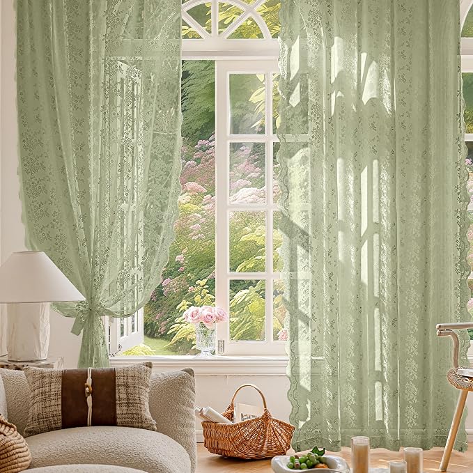 Anmao Vintage Lace Curtains 72 Inches Long 2 Panels Set, Romantic Elegant Light - Image 2