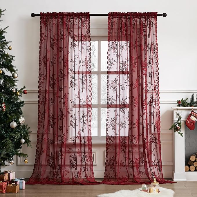 Burgundy Lace Curtains 84 Inches Long Vintage Floral Curtains 2 Panels - Image 2