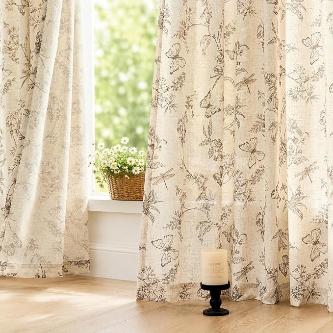 Taupe Floral Linen Curtains Farmhouse Rod Pocket 50W X 84L 2 Panels | Charlotte - Image 7