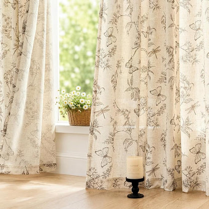 Taupe Floral Linen Curtains Farmhouse Rod Pocket 50W X 84L 2 Panels | Charlotte - Image 7