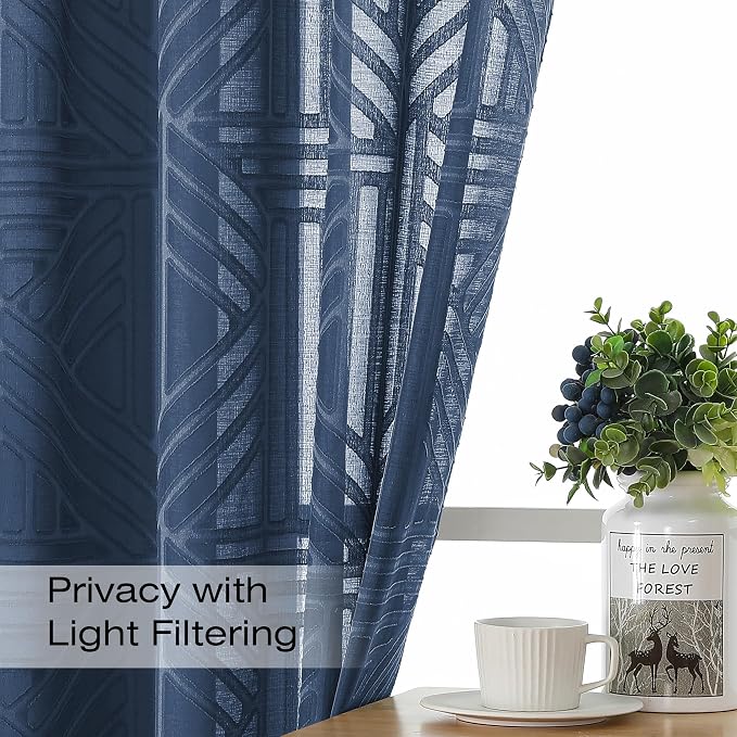 Simplebrand Navy Blue Semi Sheer Curtains 45 Inch Length 2 Panels, Geometric - Image 2
