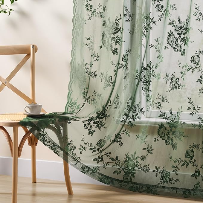Dark Green Lace Curtains 108 Inches Long 2 Panels Vintage Emerald Green Floral - Image 5