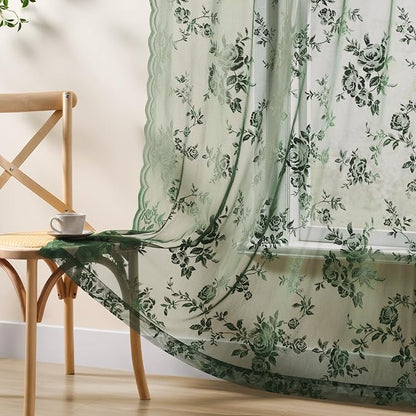 Dark Green Lace Curtains 108 Inches Long 2 Panels Vintage Emerald Green Floral - Image 5