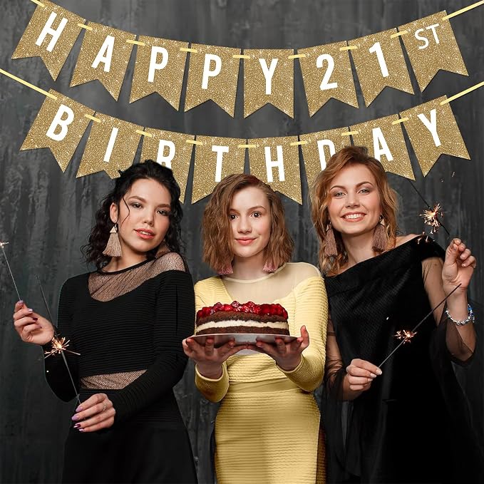 Netnology Pre-Strung Gold Glitter 21st Happy Birthday Banner Decorations | 12 - Image 6