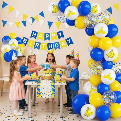 Blue and Yellow Balloons, 12 Inch Banana Print Blue Yellow Gold Confetti Balloon - Image 6